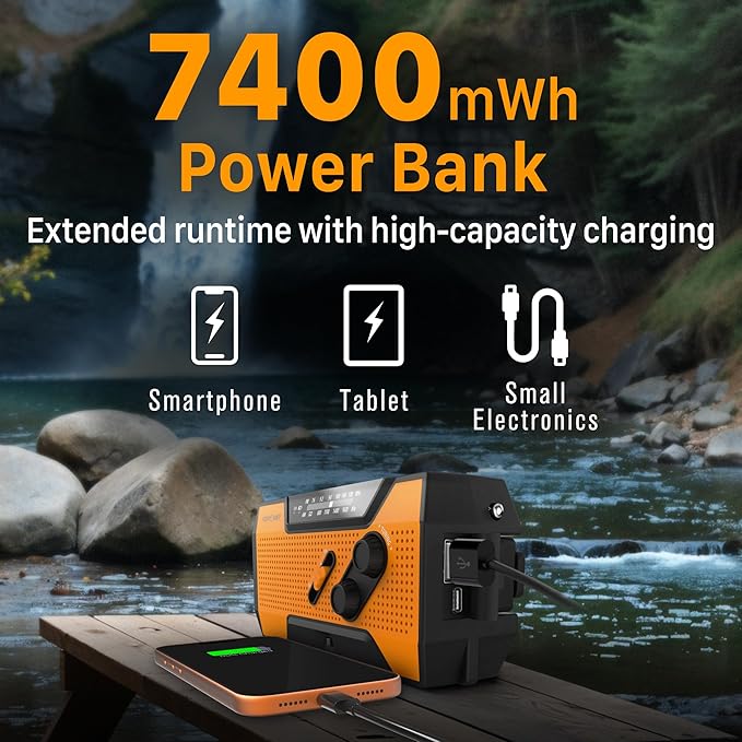 7400mWh Solar Emergency Radio & Power Bank – Hand Crank, SOS Alarm & Flashlight