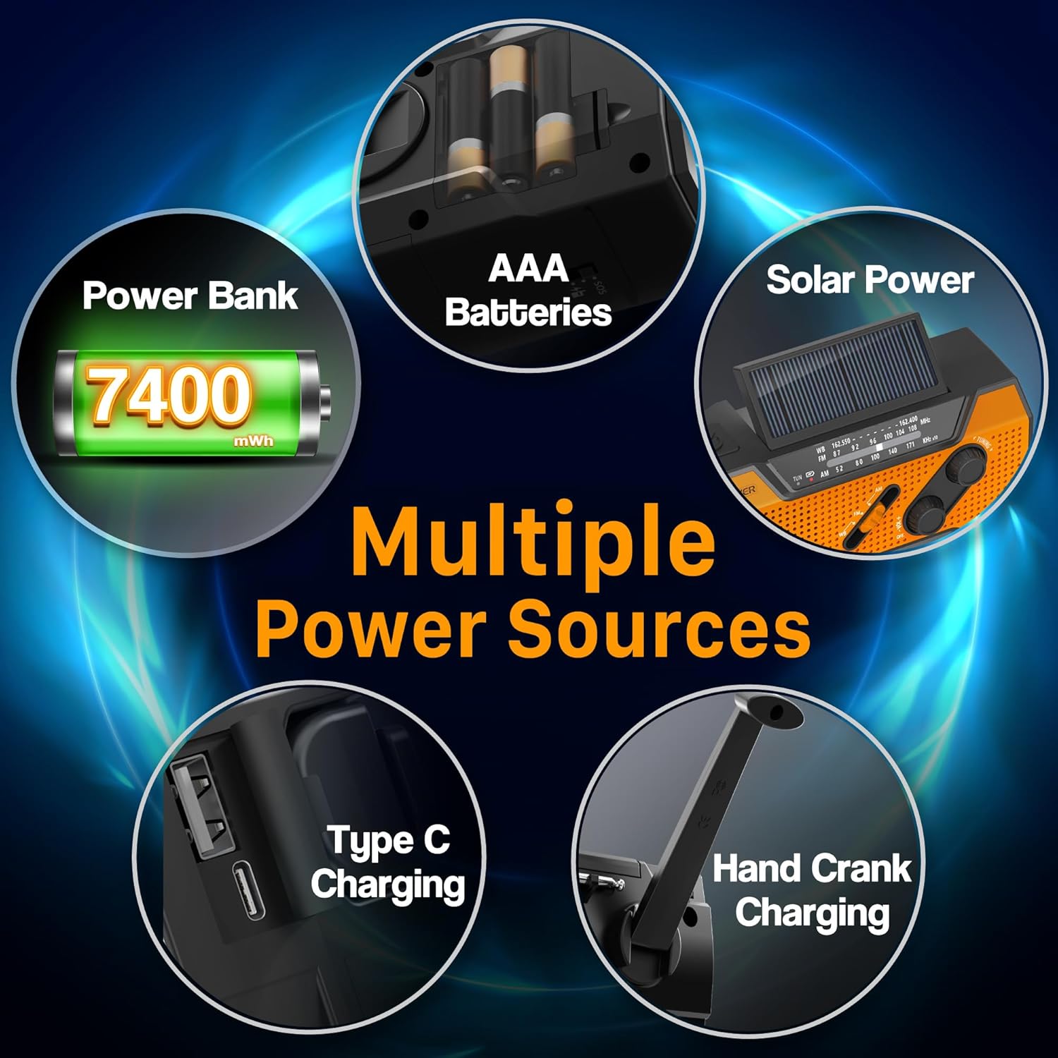 7400mWh Solar Emergency Radio & Power Bank – Hand Crank, SOS Alarm & Flashlight