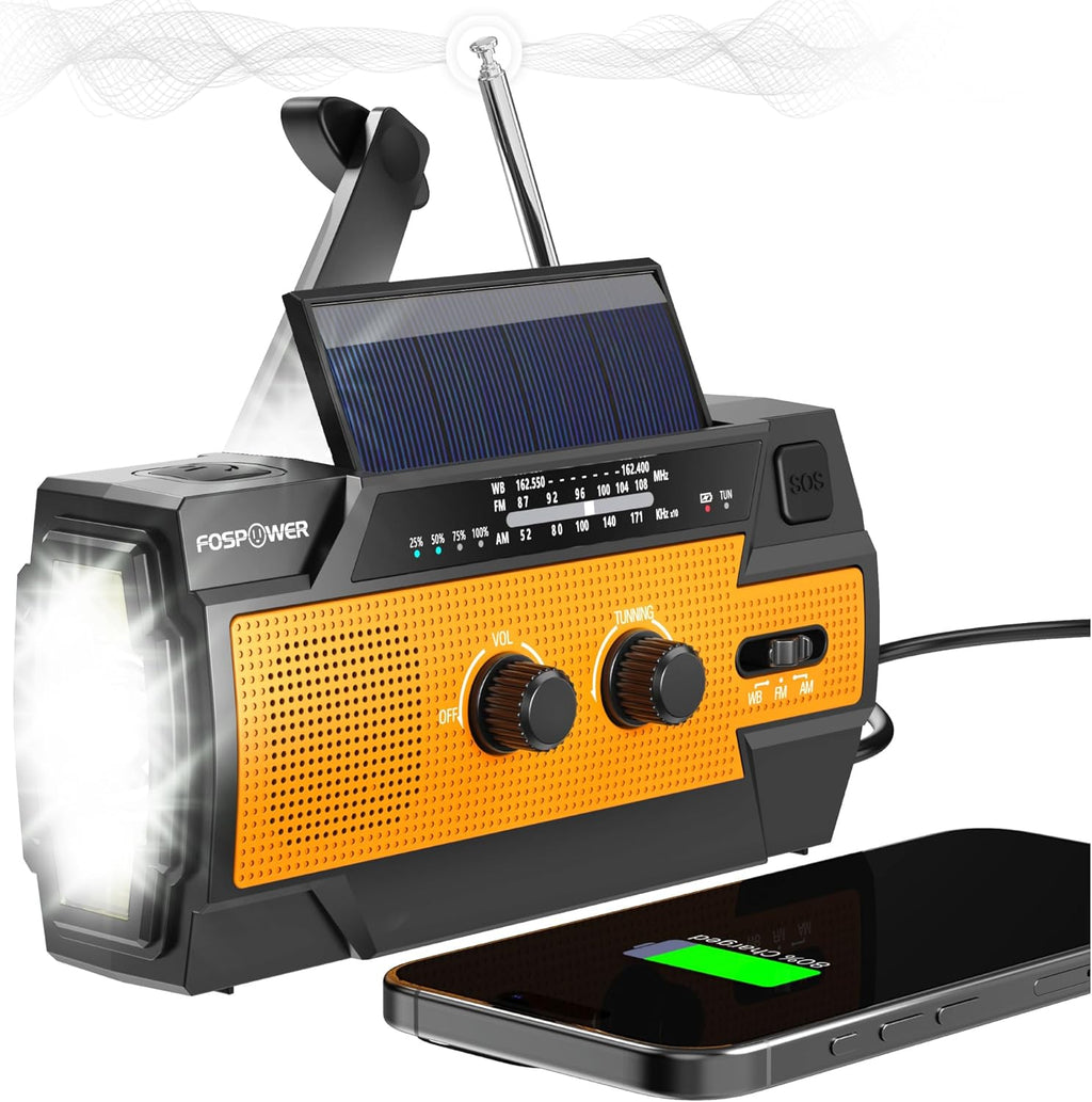 14800mWh Solar Emergency Radio & Power Bank – Hand Crank, SOS Alarm & Flashlight