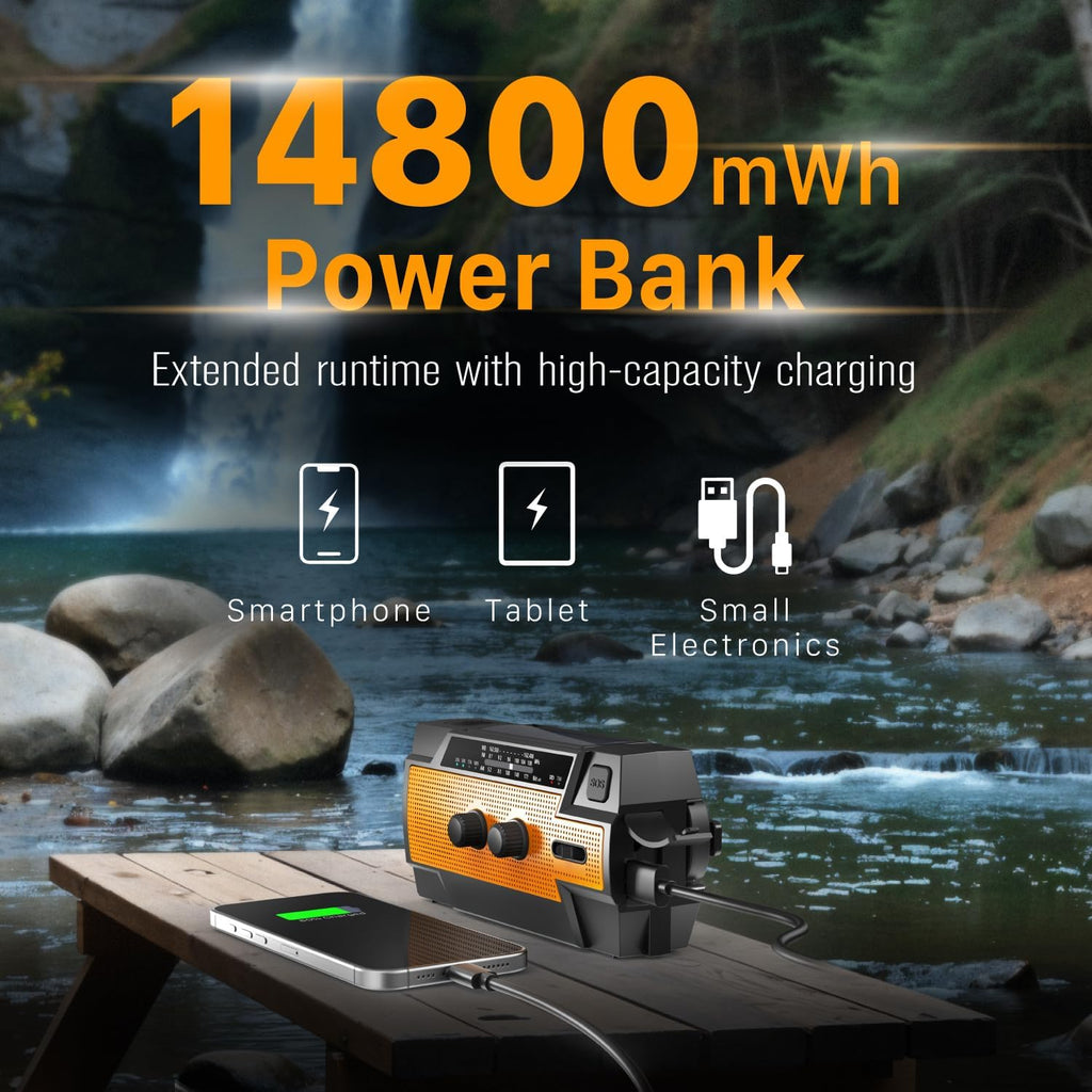 14800mWh Solar Emergency Radio & Power Bank – Hand Crank, SOS Alarm & Flashlight
