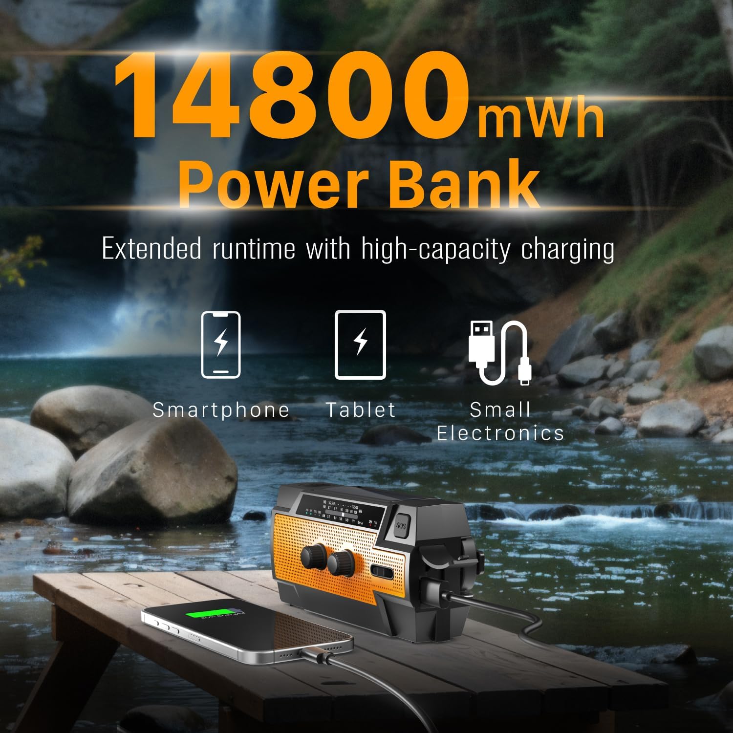 14800mWh Solar Emergency Radio & Power Bank – Hand Crank, SOS Alarm & Flashlight