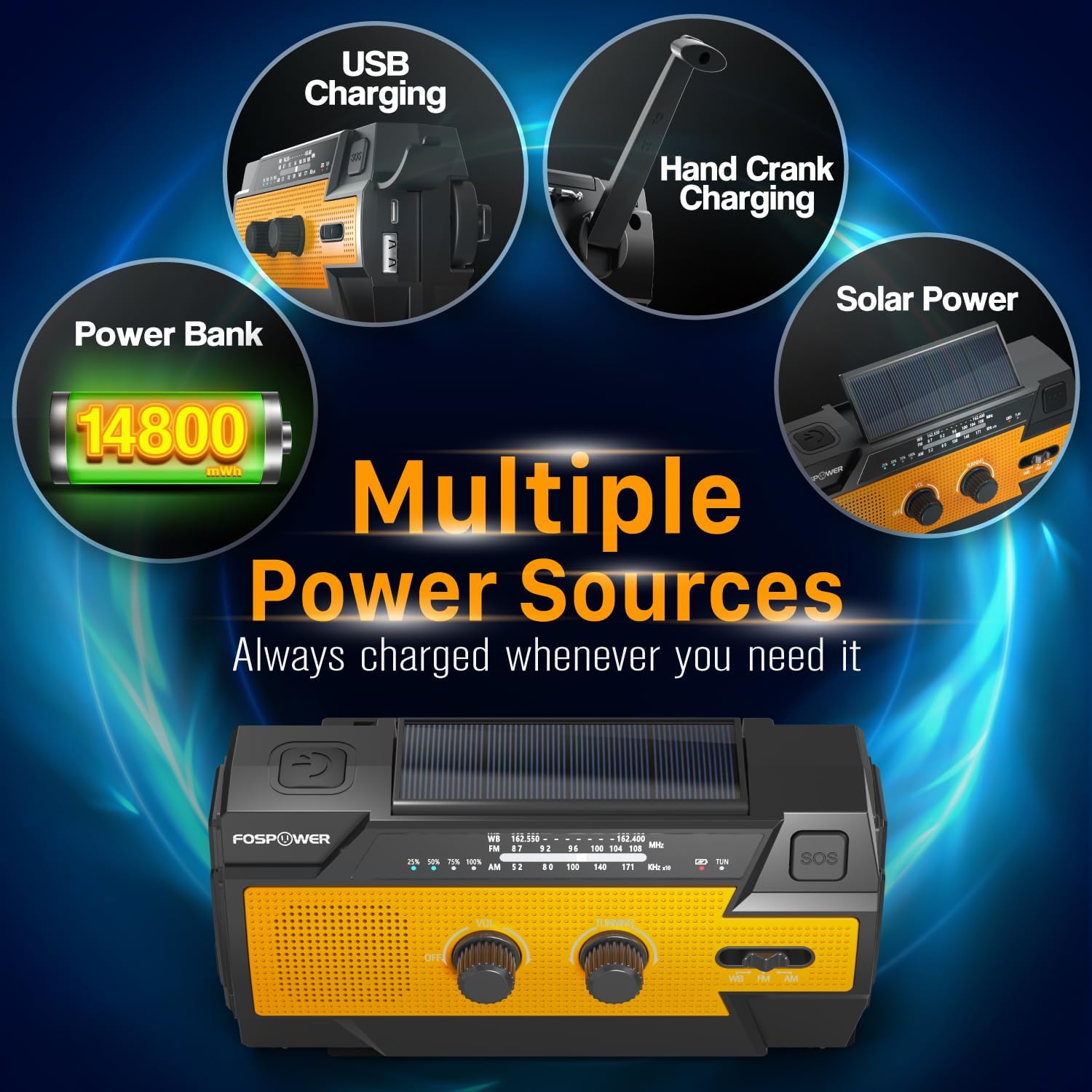 14800mWh Solar Emergency Radio & Power Bank – Hand Crank, SOS Alarm & Flashlight