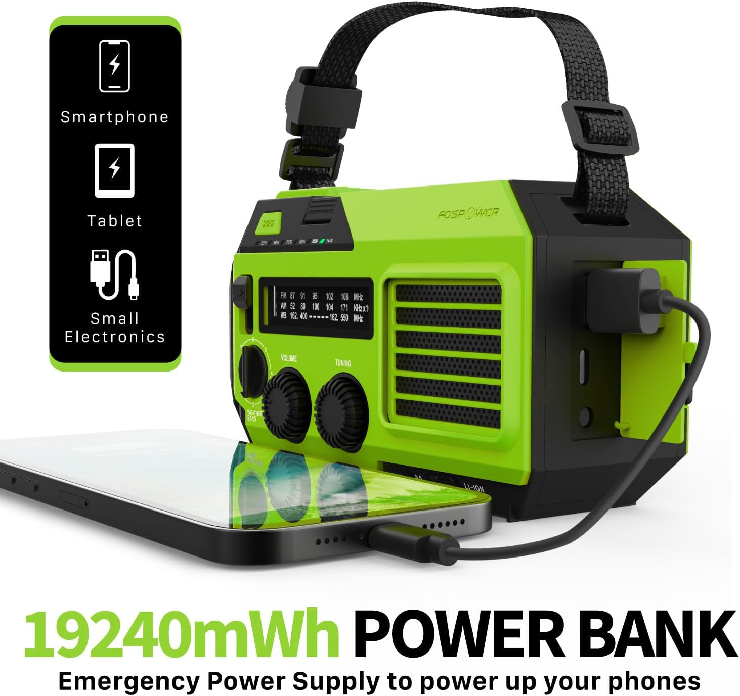 19240mWh Solar Emergency Radio & Power Bank – Hand Crank, SOS Alarm & Flashlight